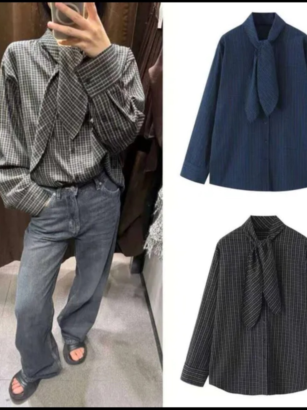Zara Plaid Cotton Handkerchief Shirt - Checkered Tie Button-Up - Check Scarf Top - Picture 5 of 8